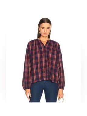 The Great. $225 Women's L Plaid Button-Up Wide Shirt, Size 3 Large, 100% Cotton